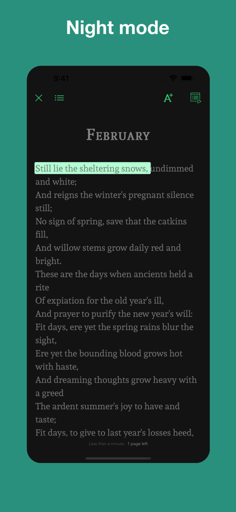 Poetry Audiobooks - Screenshot of the Poetry Audiobooks app in night mode displaying a poem with synchronized highlighted text for a read-along experience.