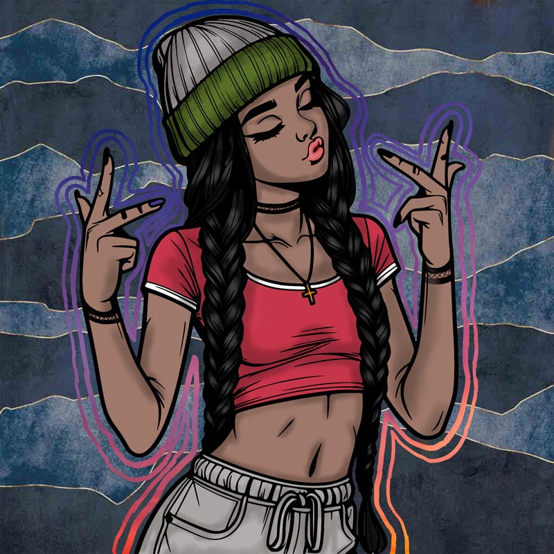 realistic teenage girl with braids and a beanie and crop top doing 🫶🏼