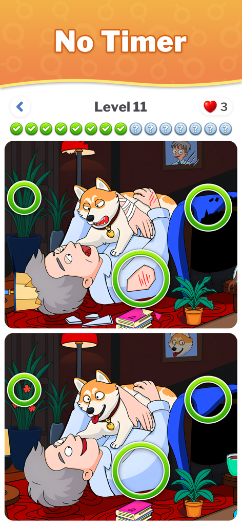 Una captura de pantalla del juego móvil Diferencias - Encuentra y Distingue que muestra dos imágenes de dibujos animados donde los jugadores deben identificar las diferencias sin un temporizador