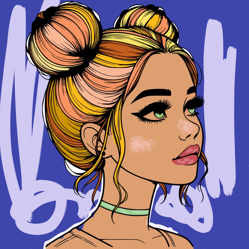 realistic girl with buns on the top of her head