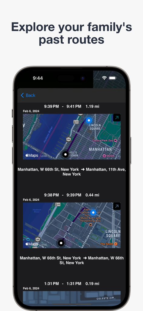 Uma tela móvel mostrando uma lista de rotas anteriores com mapas, carimbos de data/hora e locais para rastreamento familiar.