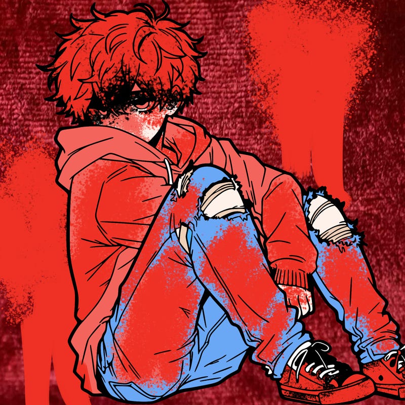 a male hoddie ripped jeans messy hair anime