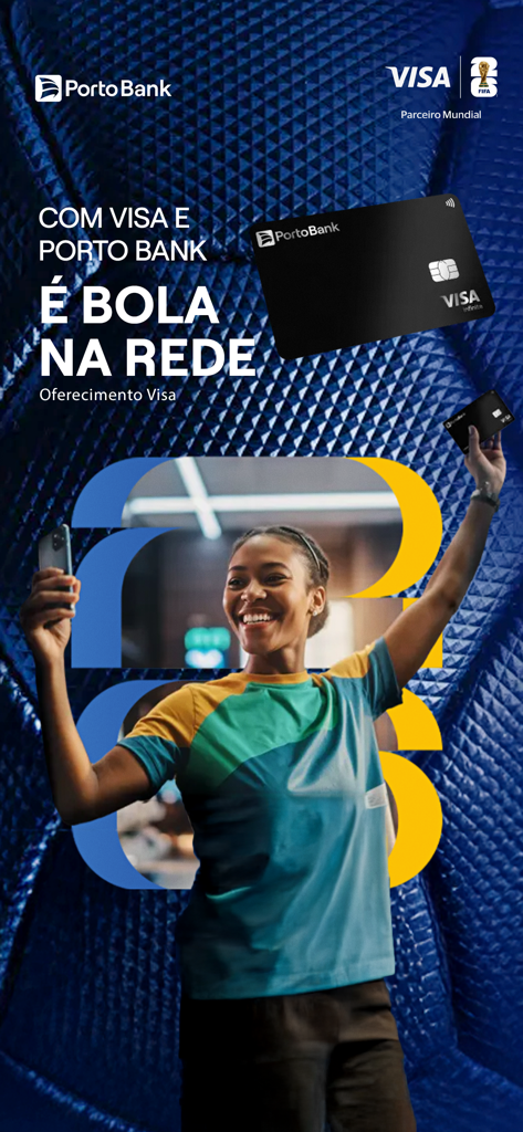 A woman celebrating with a Porto Bank Visa Infinite credit card and her smartphone.
