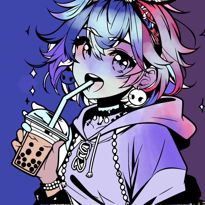 hot baddie anime girl drinking boba and biting the straw
