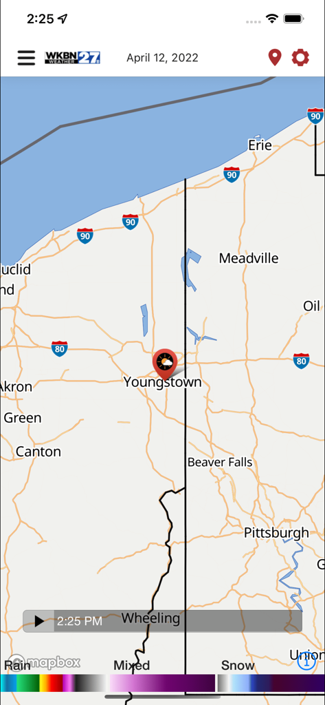 WKBN 27 Weather - Youngstown - WKBN 27 Weather app screen displaying a local radar map centered on Youngstown Ohio
