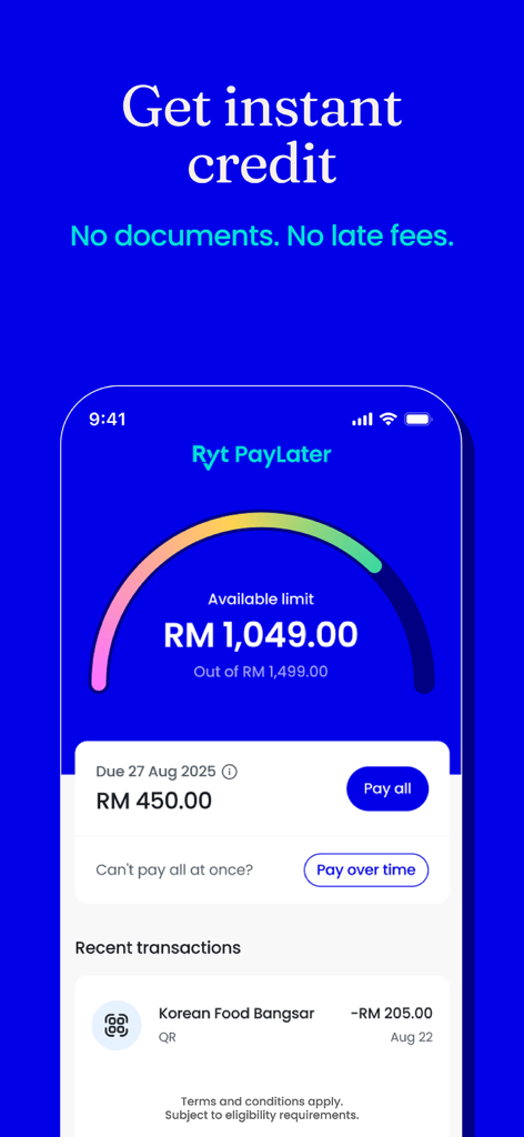 Ryt Bank Mobile-App-Bildschirm, der das Ryt PayLater-Limit für Sofortkredite und das Rückzahlungs-Dashboard anzeigt