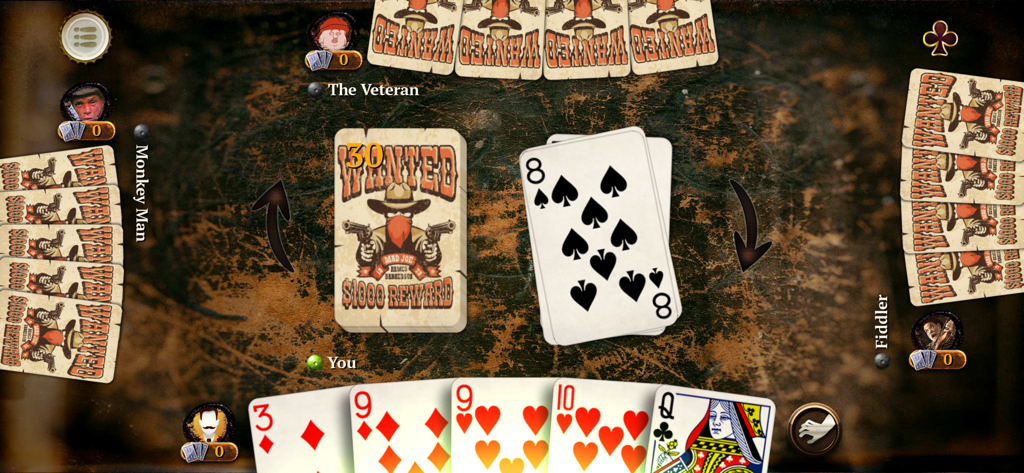 Crazy Eights Elite - Gameplay screen of Crazy Eights Elite card game featuring a Western cowboy theme with Wanted posters on card backs