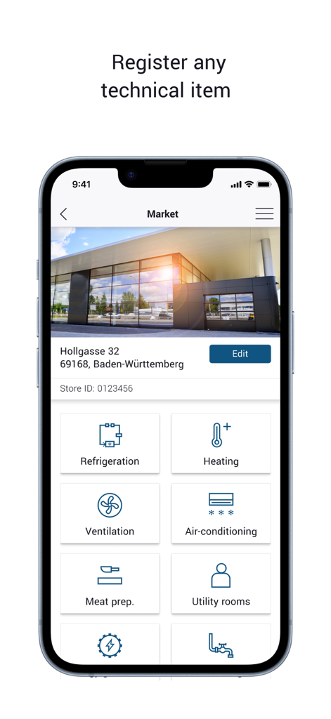 FieldAgent 3.0 - FieldAgent 3.0 app interface displaying categories for registering supermarket technical equipment such as refrigeration heating and ventilation