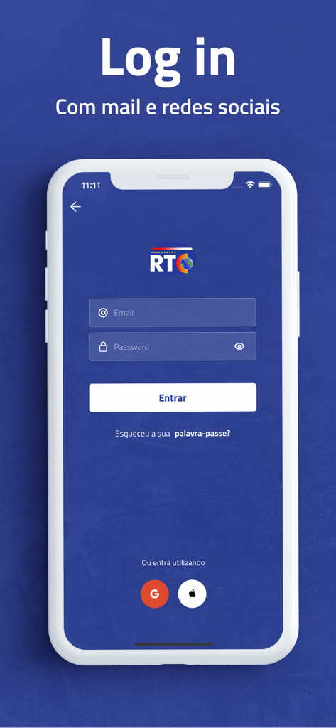 Rádio Televisão de Cabo Verde - Login screen for the RTC Cabo Verde news and media app with email and social login options