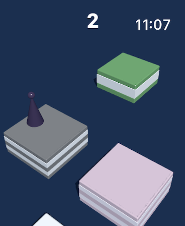 Gameplay of JumpJump watch game showing a character on colorful platforms