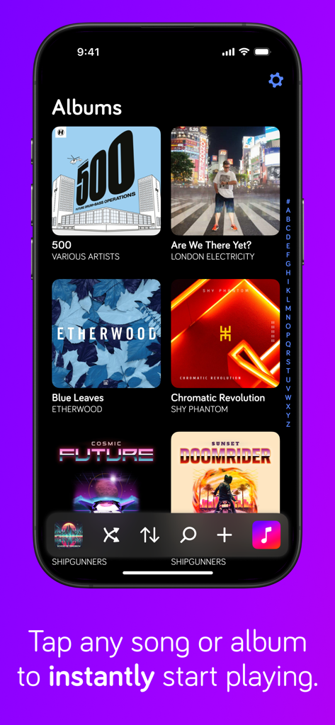 Harken Offline Music Player - Interfaz de la app Harken mostrando una cuadrícula de álbumes y controles de navegación inferiores en un iPhone