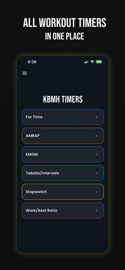 Workout Timer by KBMH - Menu principale dell'app Workout Timer by KBMH che mostra opzioni per For Time AMRAP EMOM Tabata e Cronometro