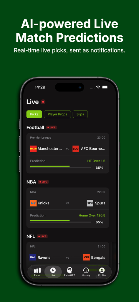 AI Powered Picks - Heatpicks - Interfaz de la aplicación Heatpicks que muestra predicciones de apuestas deportivas en vivo con IA para partidos de Fútbol, NBA y NFL.