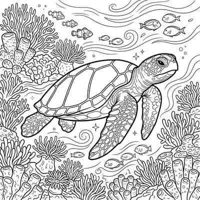 Embark on an underwater adventure with this stunning sea turtle coloring page, featuring a rich coral reef and playful fish. Perfect for adults and teens who love marine life and want to support conservation.