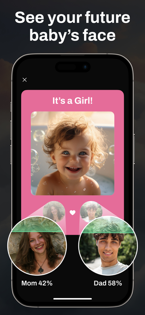 Screenshot of the AI Baby Generator app showing a generated baby girl face based on photos of a mom and dad.