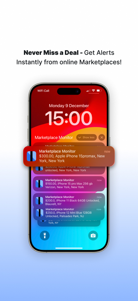 Marketplace Monitor - iPhone lock screen showing instant push notifications for newly listed marketplace items