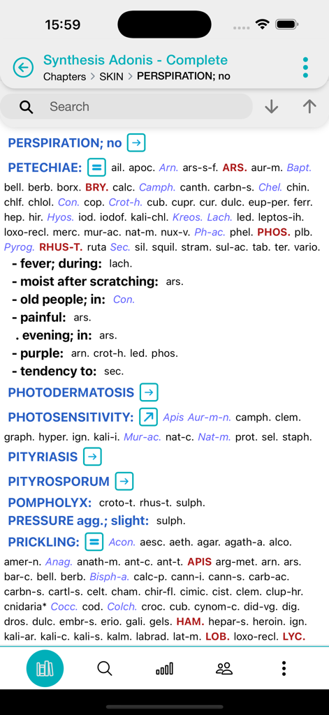 OpusGo - Detailed view of homeopathic symptoms and remedies in the OpusGo Synthesis Repertory