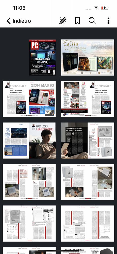 Grid overview of technical articles and hardware reviews in the PC Professionale digital magazine app