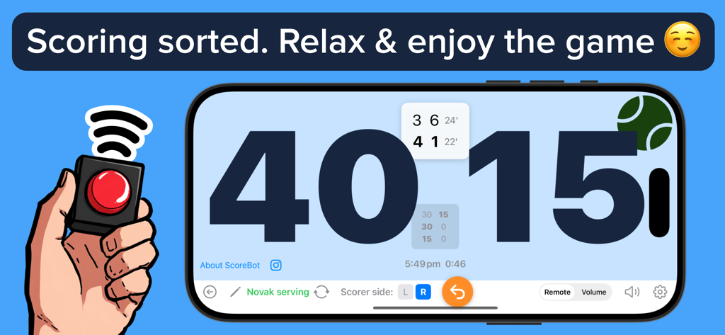 Padel Scoreboard - ScoreBot - Smartphone displaying a 40 to 15 padel score alongside a hand holding a Bluetooth remote
