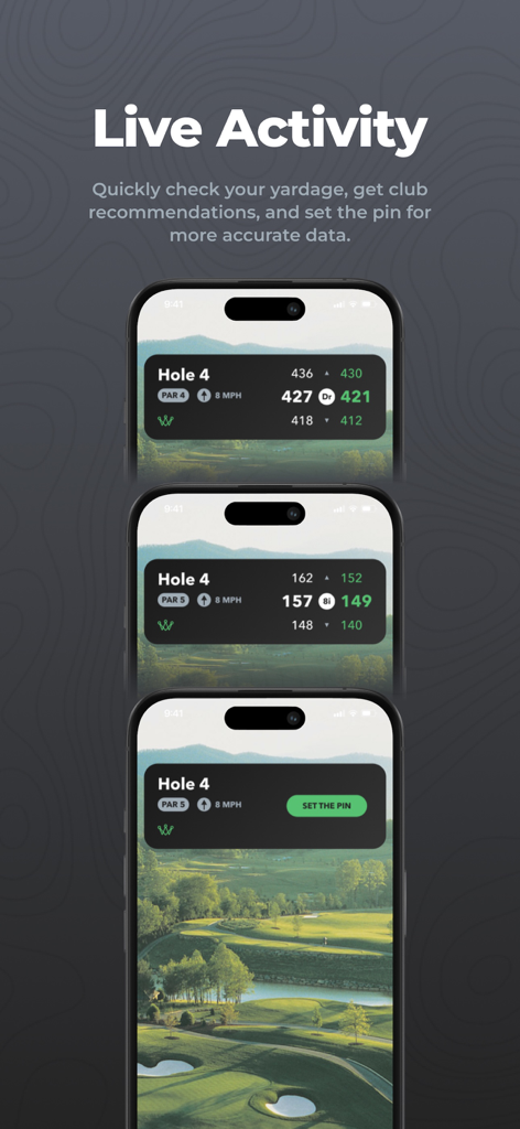 Arccos - Arccos golf app Live Activity on iPhone showing real-time yardage and club recommendations.