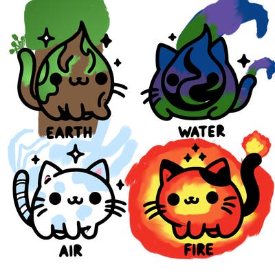 4 cats that represent the different elements, earth, water, air, and fire
