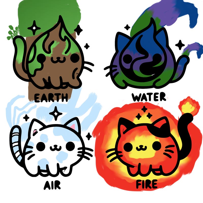 4 cats that represent the different elements, earth, water, air, and fire