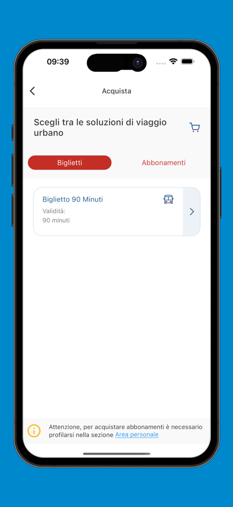AMTS Smart Ticketing - Interfaz de la aplicación móvil para comprar un billete de autobús de 90 minutos en Catania.