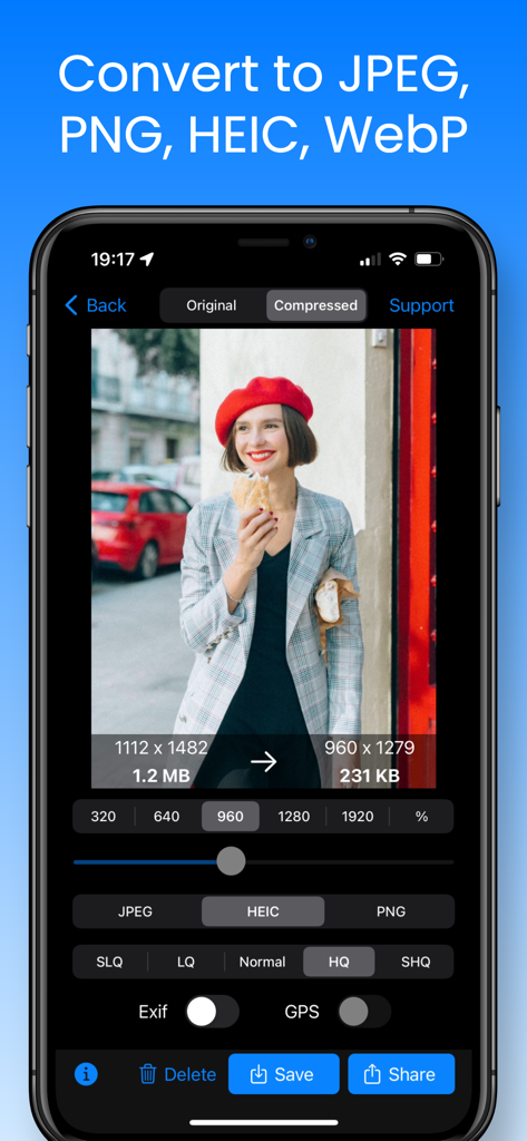 Interface of the Easy Photo Compressor app showing image resizing and file format conversion on an iPhone