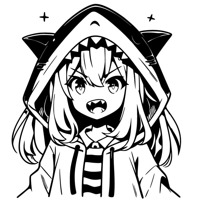 shark girl, anime, sharp teeth, wearing a shark hoodie