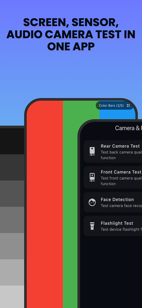 Touchscreen Test DiagX - Interfaz de la aplicación Touchscreen Test DiagX que muestra barras de color de pantalla y opciones de menú de diagnóstico de cámara