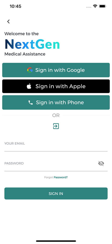 Sign in interface for the Cura Health medical app featuring multiple login options including Google Apple and phone