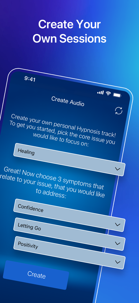 Hypnosis with Joseph Clough - A mobile app screen showing how to create personalized hypnosis audio tracks by selecting a core issue and three specific symptoms.