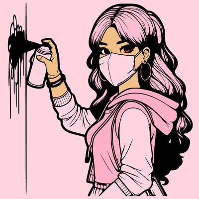 realistic girl with mask spray painting a wall