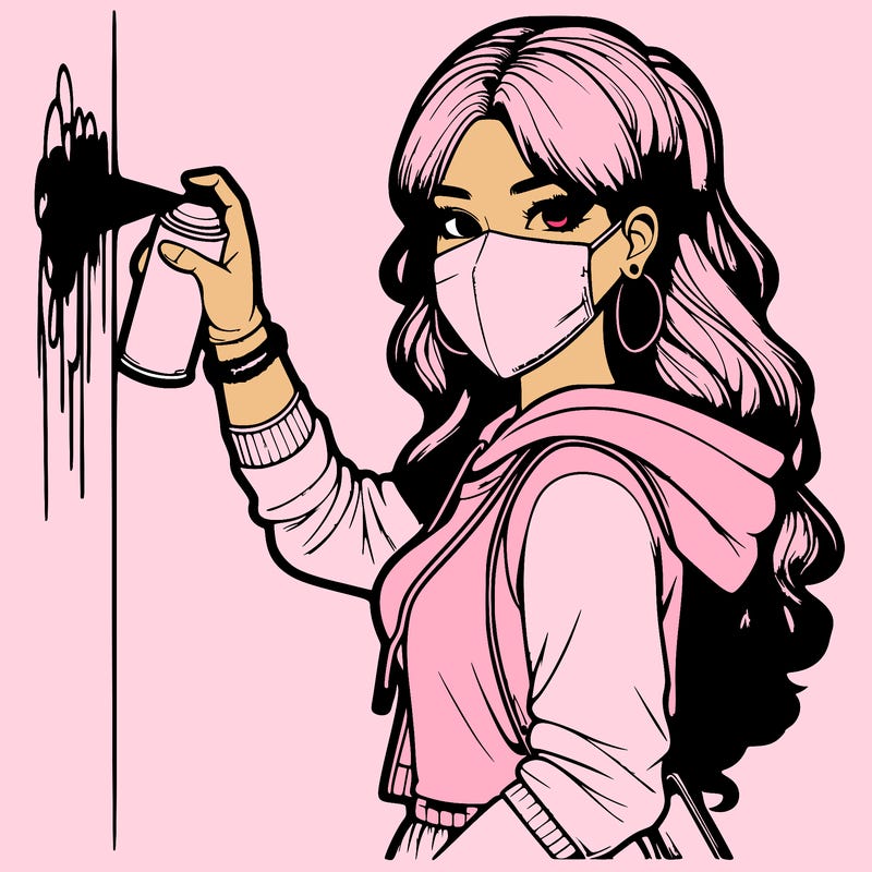 realistic girl with mask spray painting a wall