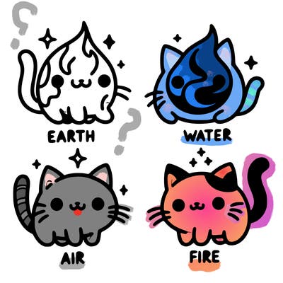 4 cats that represent the different elements, earth, water, air, and fire