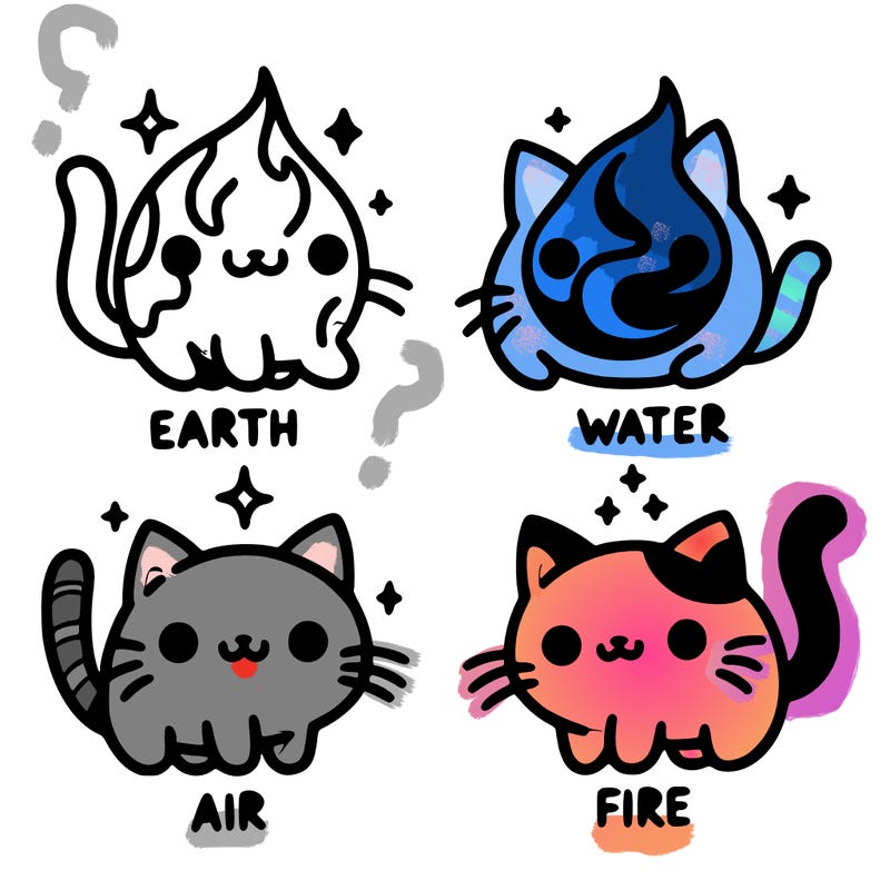 4 cats that represent the different elements, earth, water, air, and fire