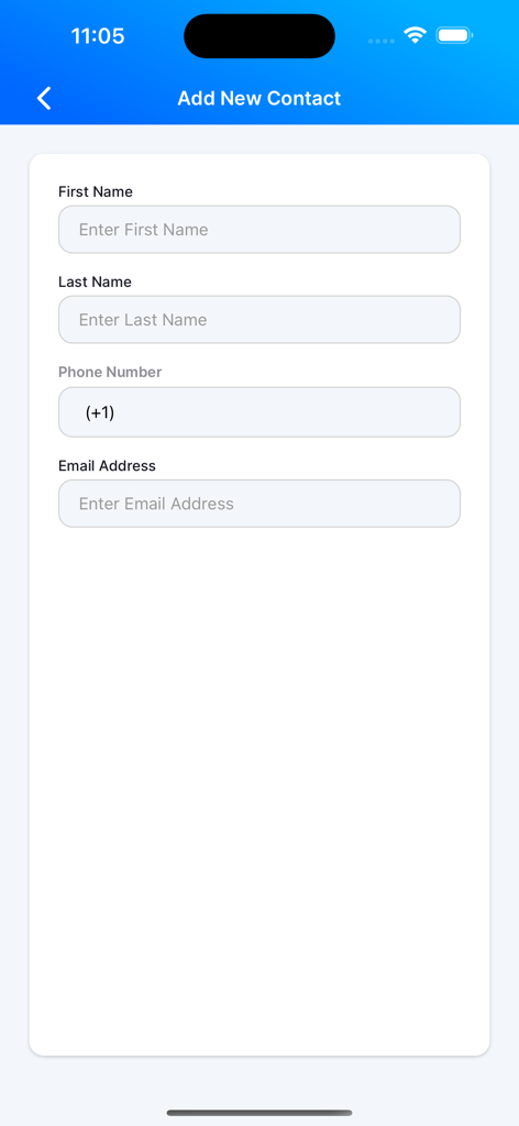 WooSender mobile app interface for adding a new contact lead with fields for name phone and email