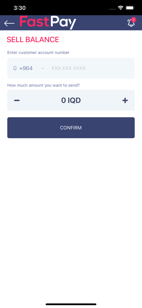 Fastpay Agent - Interface of the FastPay Agent app showing the Sell Balance screen with fields for customer account number and transaction amount in IQD.