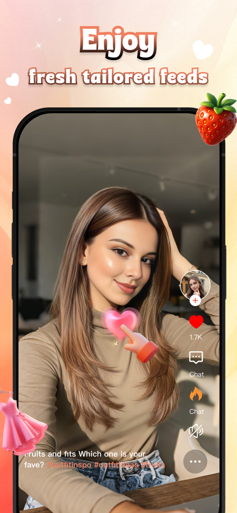 Anya - Chat&Community - Uma tela de celular mostrando o feed personalizado do aplicativo Anya com um retrato de uma mulher e decorações com tema de frutas.