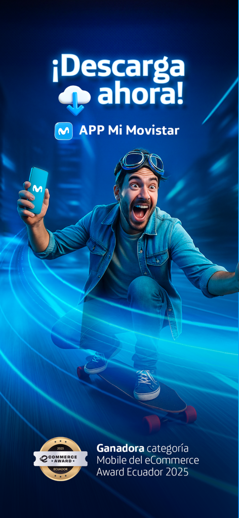 Imagen promocional de la app Mi Movistar Ecuador con un hombre en patineta y una insignia de premio de comercio electrónico
