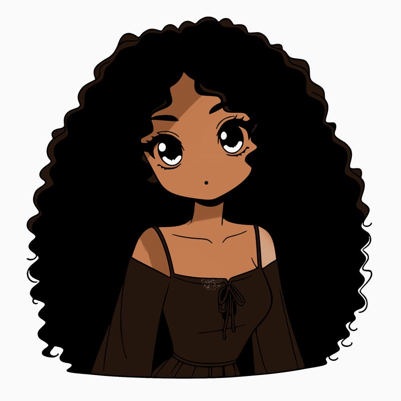 a black anime girl with long afro hair