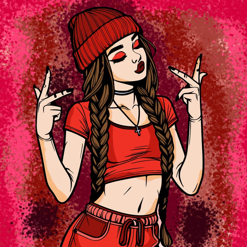realistic teenage girl with braids and a beanie and crop top doing 🫶🏼