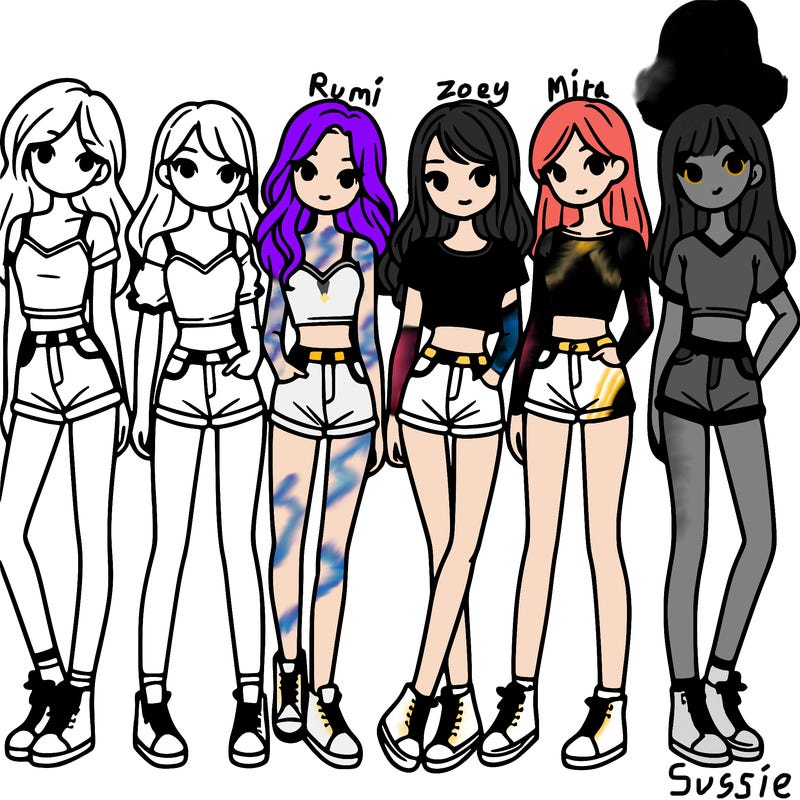 a group of girls wearing crop tops and shorts