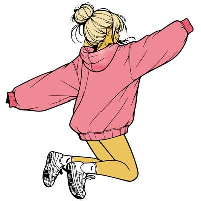 realistic girl jumping with a bun and oversized sweatshirt
