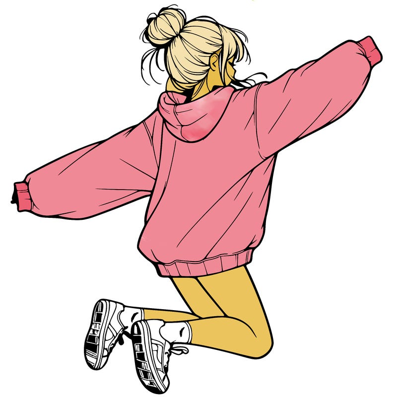 realistic girl jumping with a bun and oversized sweatshirt