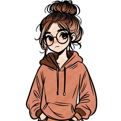 teen girl with a messy bun and glasses wearing a loose hoodie and jeans