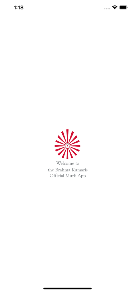 Welcome screen of the Madhuban Murli mobile app featuring the Brahma Kumaris logo