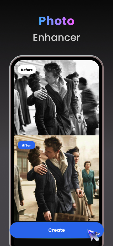 AI Video Generator & Photo AI - Before and after comparison of a colorized vintage photo in the AI photo enhancer app interface