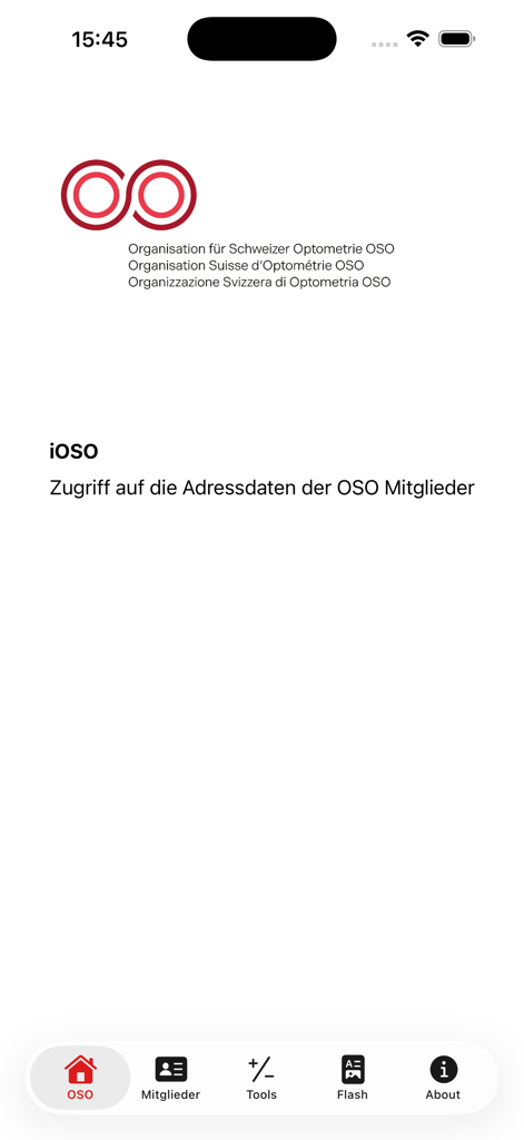 iOSO Optometry Switzerland - Home screen of the iOSO Optometry Switzerland app showing the OSO logo and professional navigation menu