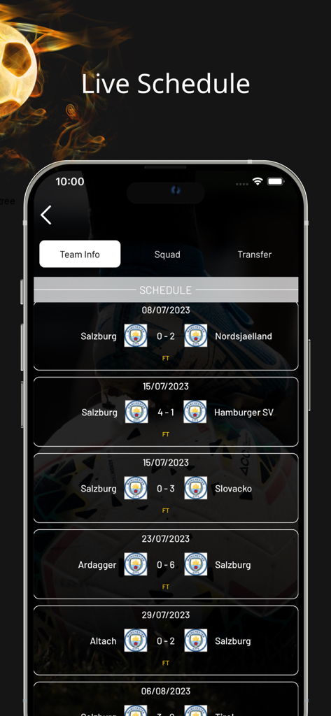 Pantalla de la aplicación móvil que muestra un calendario de partidos de fútbol en vivo y resultados pasados